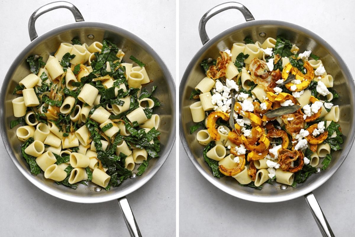 Left: a saute pan with pasta, kale and caramelized onions. Right: Pasta with roasted squash, pancetta and goat cheese in a saute pan.