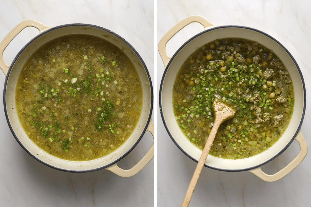 Left: soup in a pot. Right: soup in a pot with a wooden spoon.