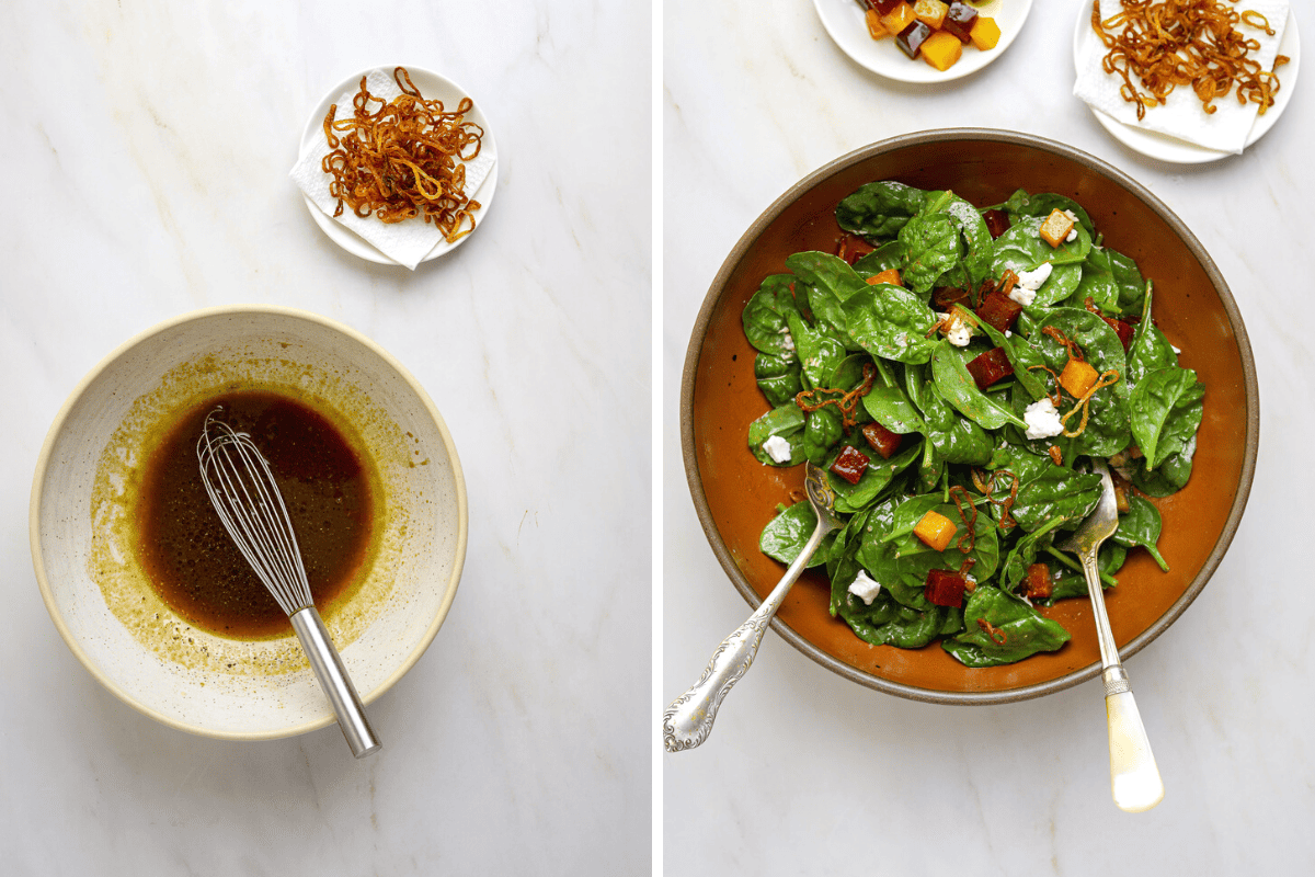 Left: A bowl with salad dressing and a small whisk. Right: a large bowl of spinach salad with large serving spoons.