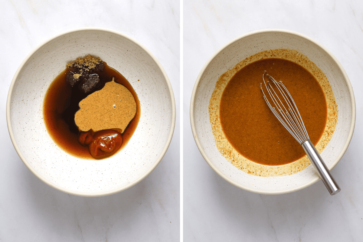 Left: a bowl of individual sauce ingredients; soy sauce, sriracha, almond butter and brown sugar. Right: a bowl with sauce and a small whisk.