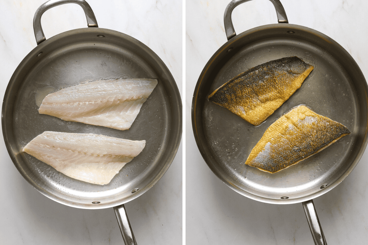 Branzino fillets cooking in a sauté pan.