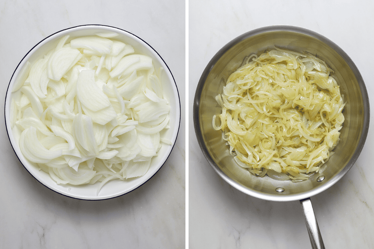 Left: a white enamel bowl on sliced white onion. Right: a sauté pan with cooked onions.