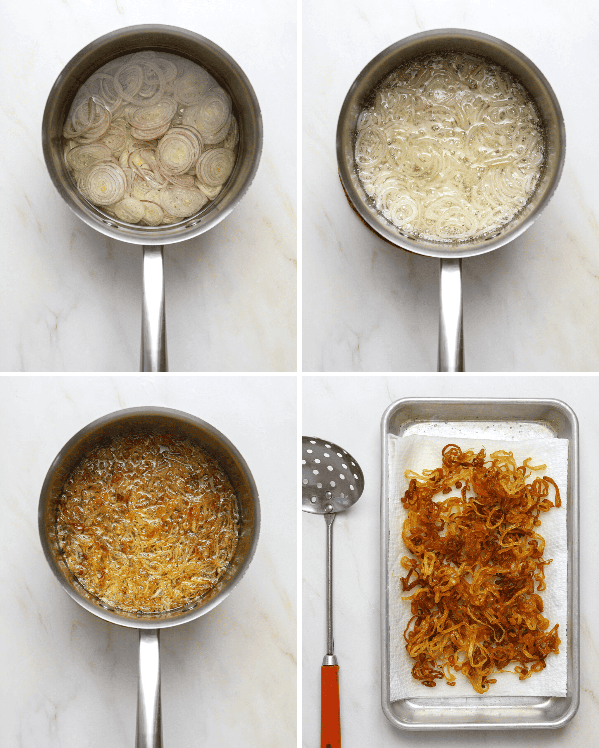 Step by step images of shallots frying in a small stainless steel sauce pot.
