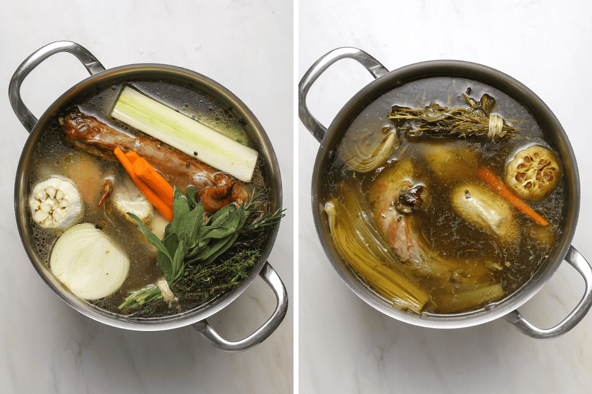 Two stock pots filled with broth, vegetables, herbs and poultry bones.