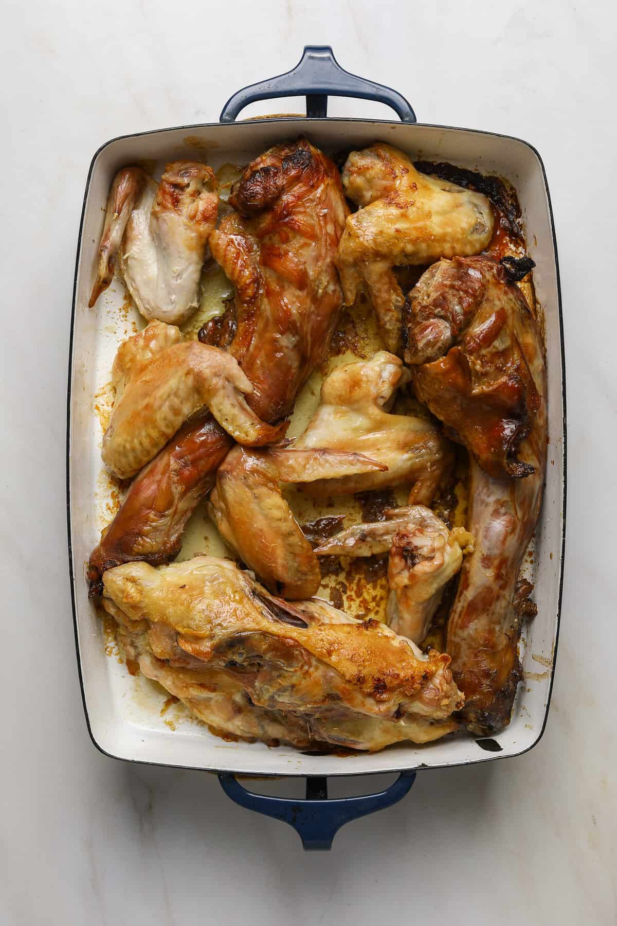 Roasted turkey bones in an enamel baking tray.