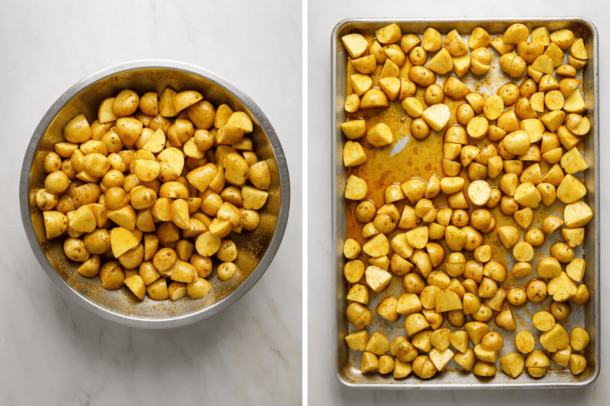 Left: a bowl of raw, sliced potatoes tossed with seasonings. Right: a baking tray with raw potatoes.