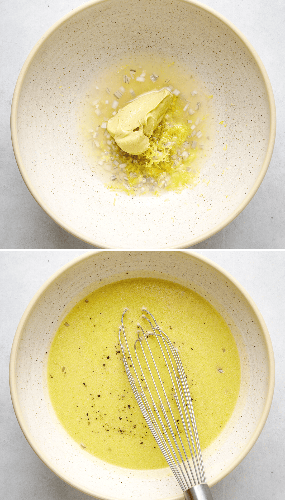 Top: a bowl with mustard, lemon zest and shallots. Bottom: salad dressing being whisked together in a white bowl.