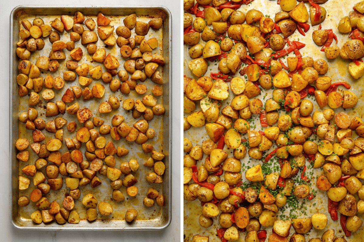 Roasted potatoes on a baking tray with peppers and chives.