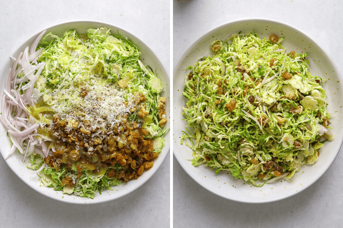 Side by side photos of a salad before and after being tossed.