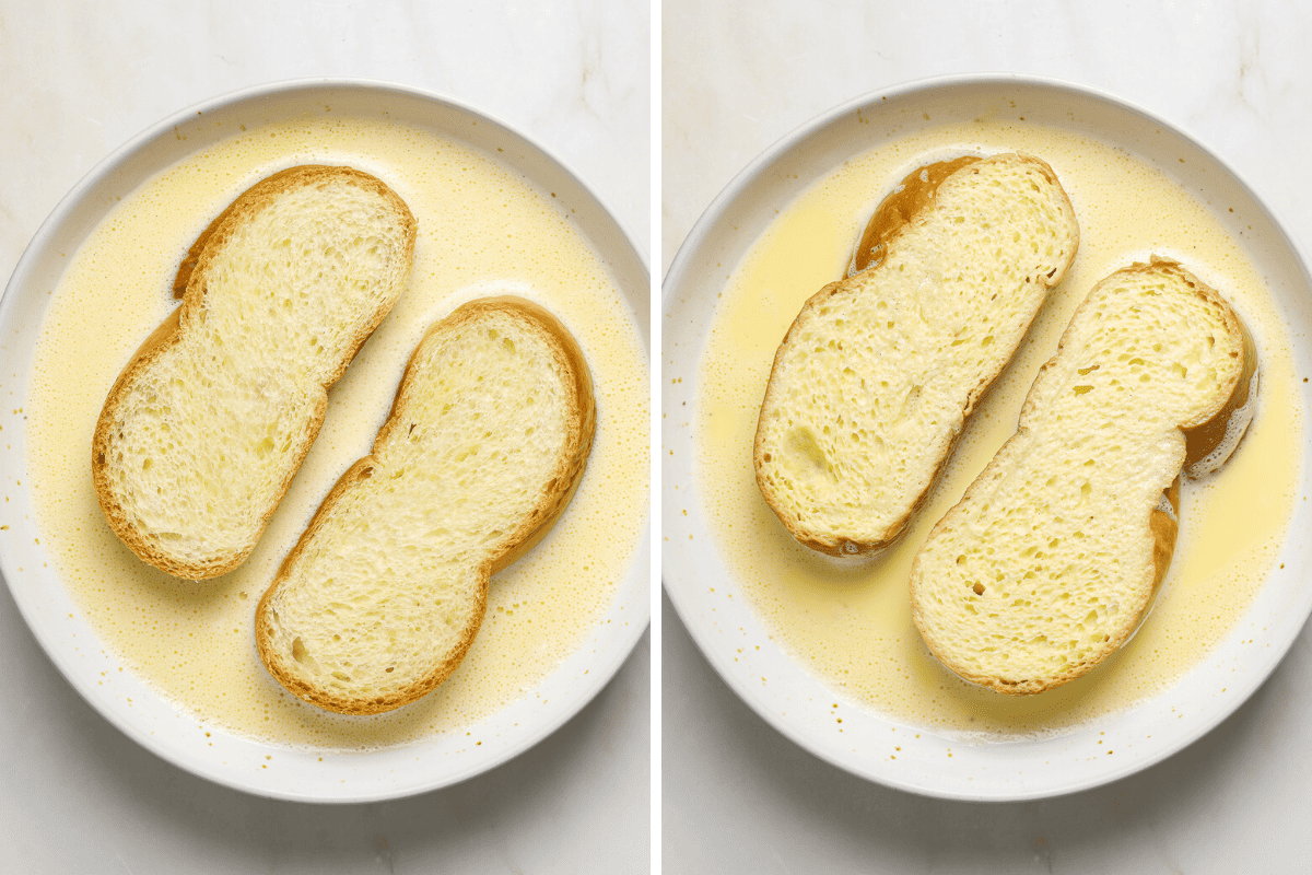 Two slices of bread being drenched in custard in a white bowl.