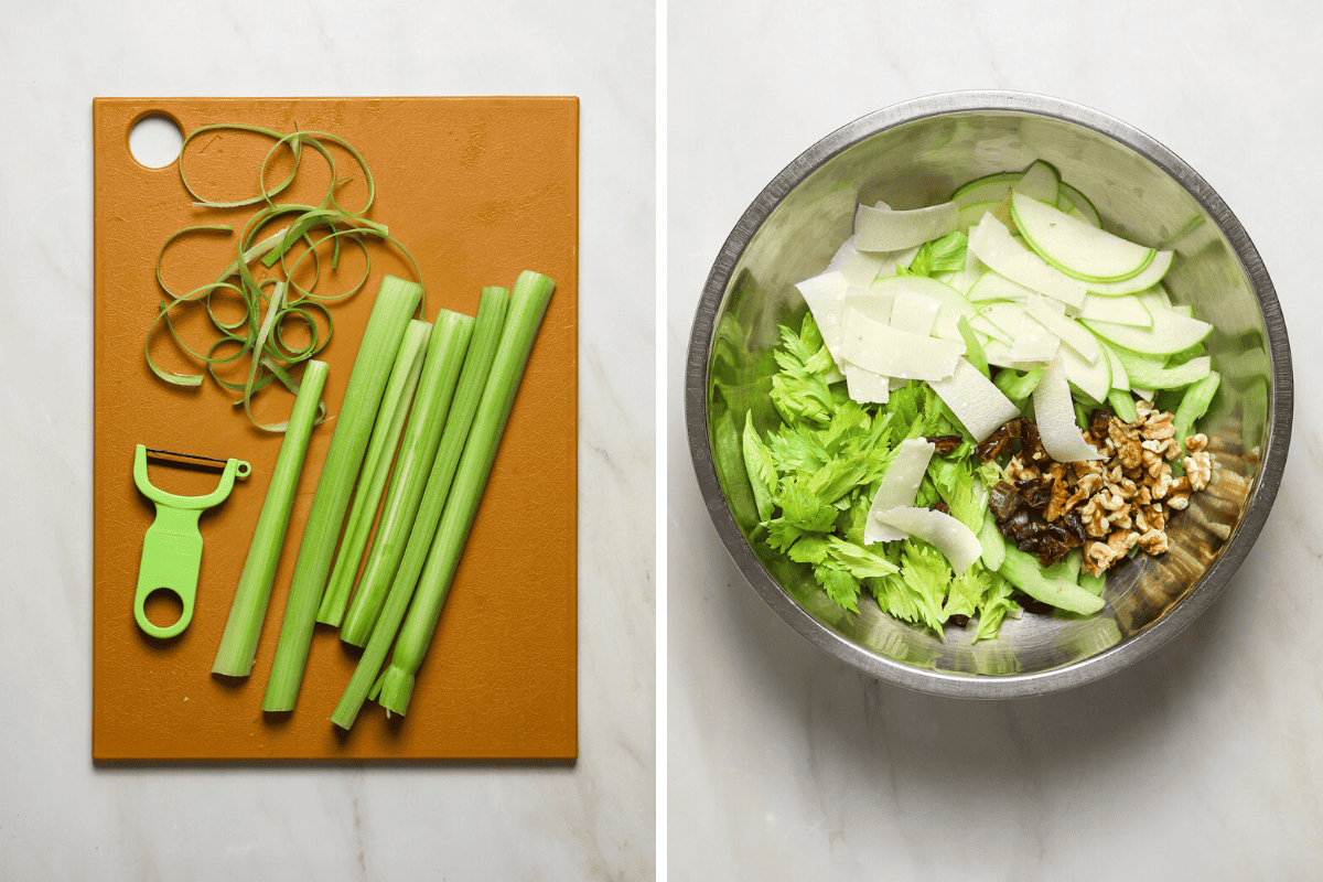 Left: an orange cutting board with celery stalks and a vegetable peeler. Right: a mixing bowl filled with salad ingredients.