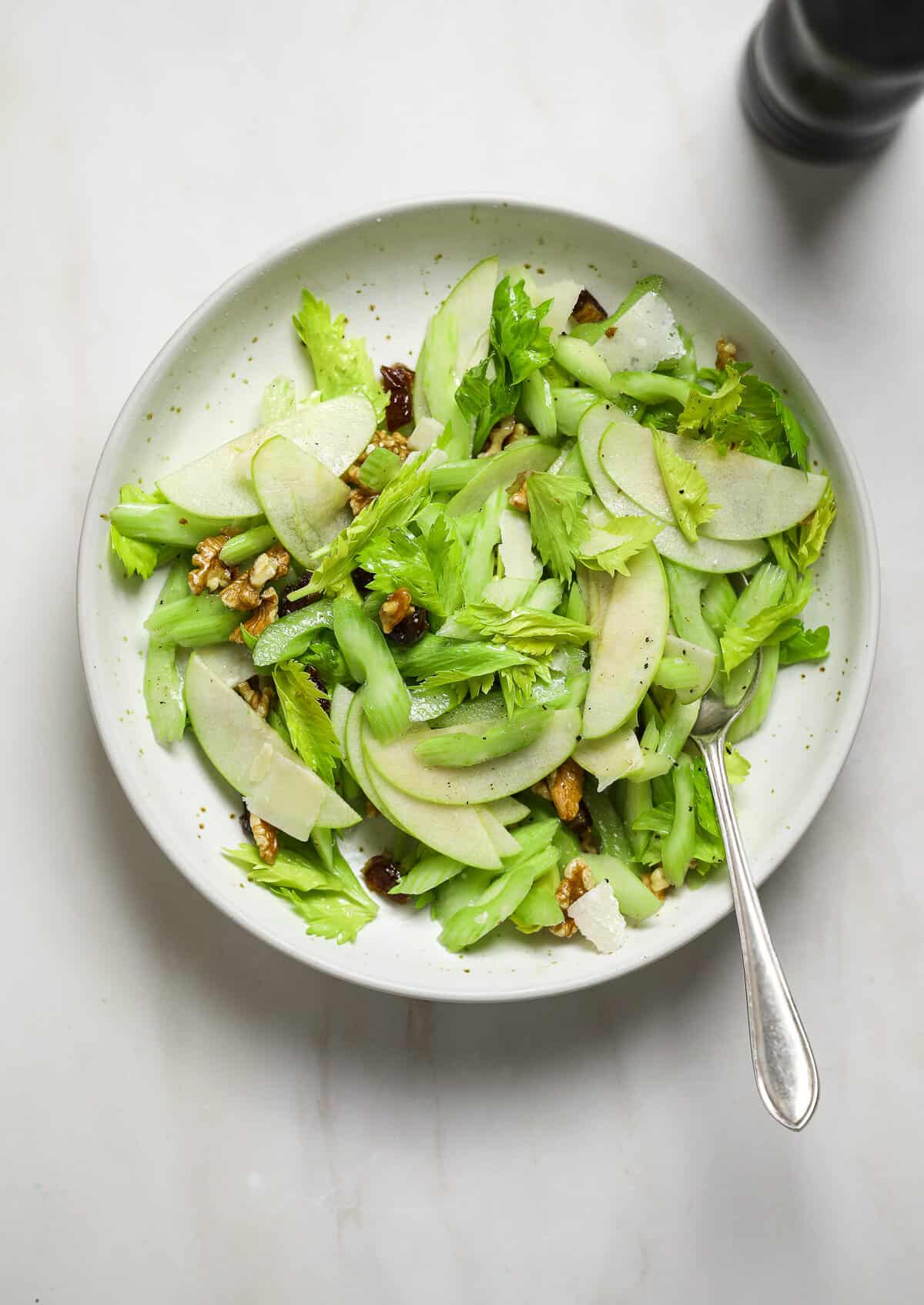 A white, speckled ceramic bowl filled with a salad made up of sliced celery and apple.