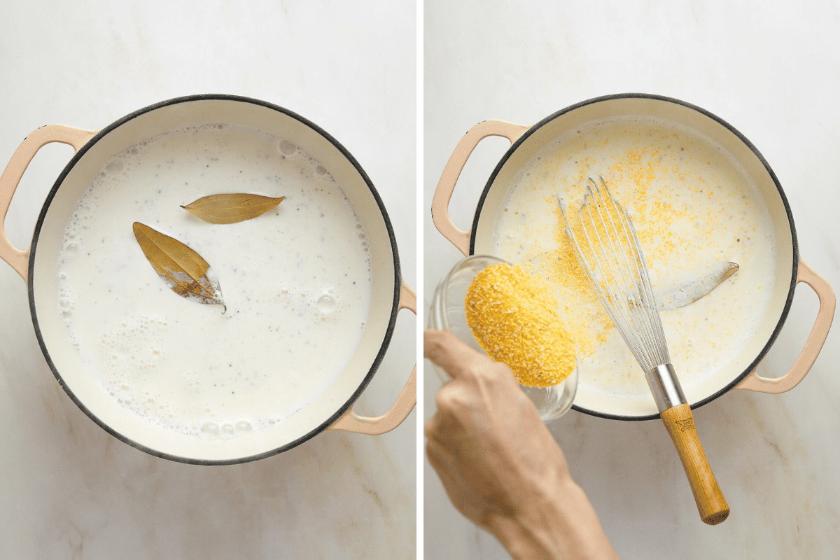 Left: a pot of milk and two bay leaves. Right: a hand pouring dried polenta into a pot of hot milk.