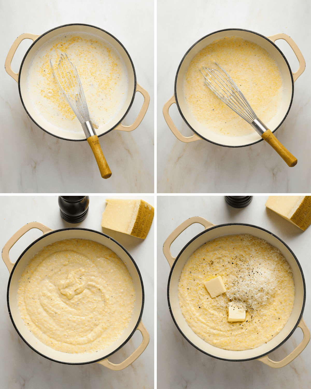 Four step by step images showing how to make polenta; 1. hot milk in a pot with a whisk, 2. polenta in a pot, 3. cooked polenta in a pot with pads of butter and grated cheese.