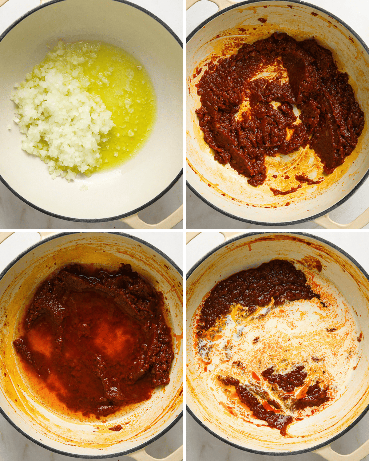 Four step by step phots of tomato sauce being made.