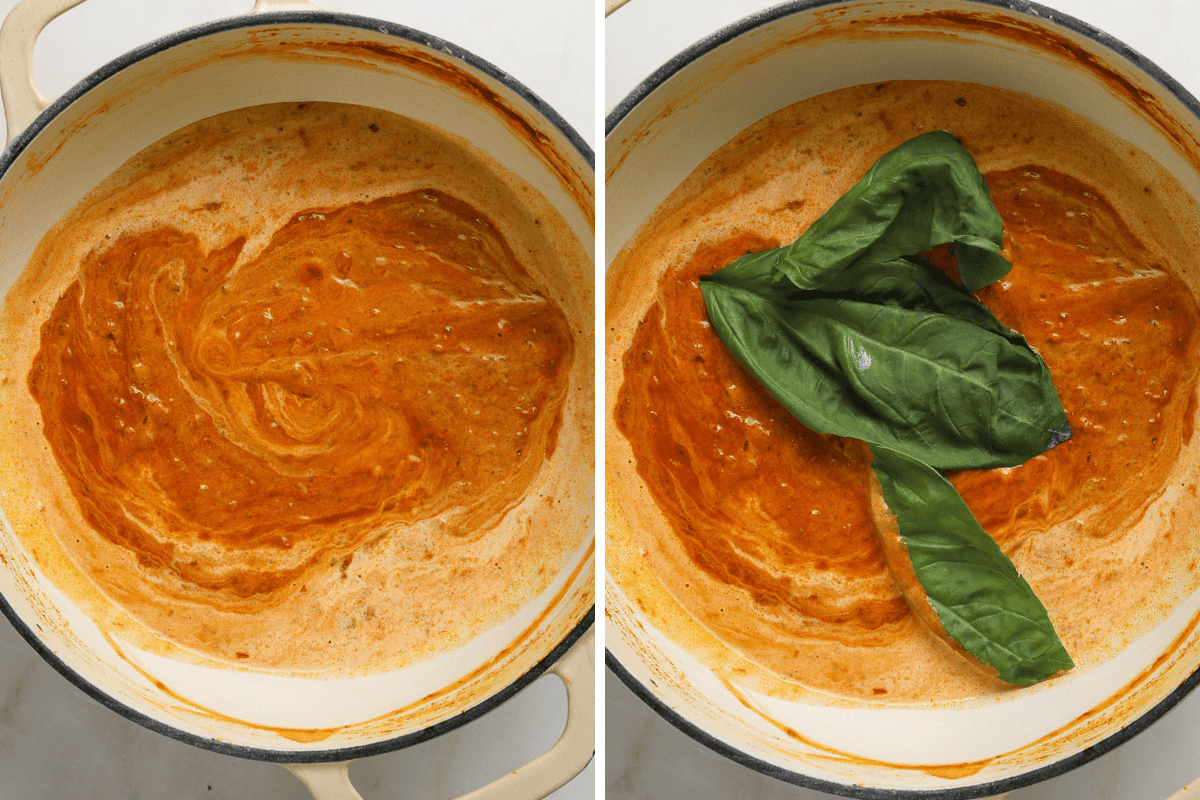 Two side by side photos of creamy red pasta sauce with fresh basil.