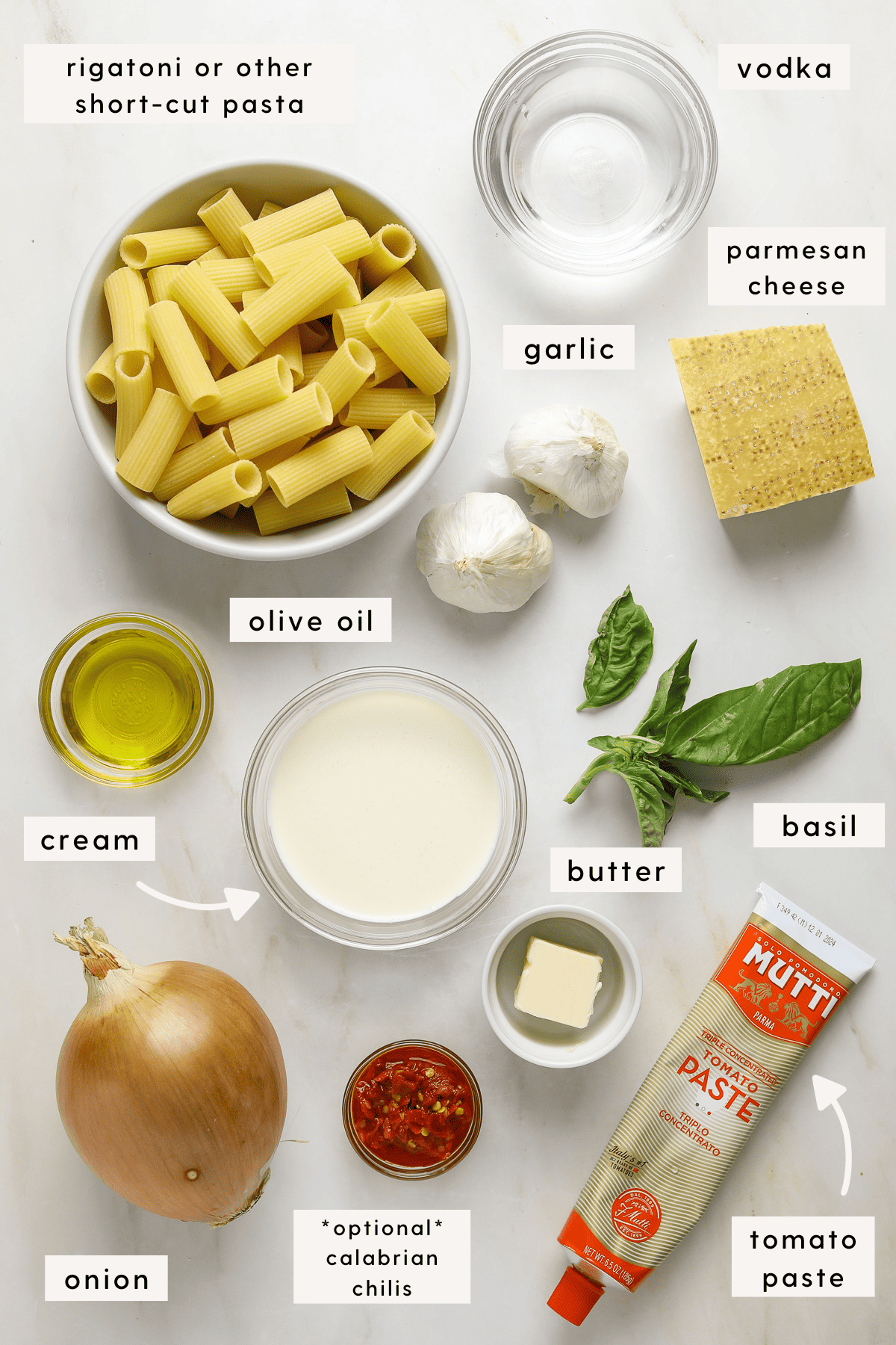 Pasta ingredients individually portioned and labeled arranged on a marble tabletop.