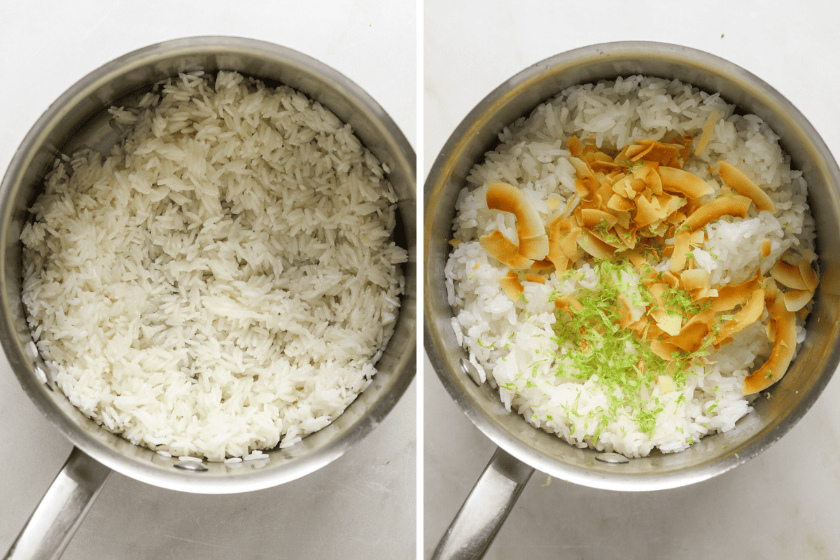 Side by side photos of cooked rice in a pot and cooked rice topped with lime zest and toasted coconut flakes.