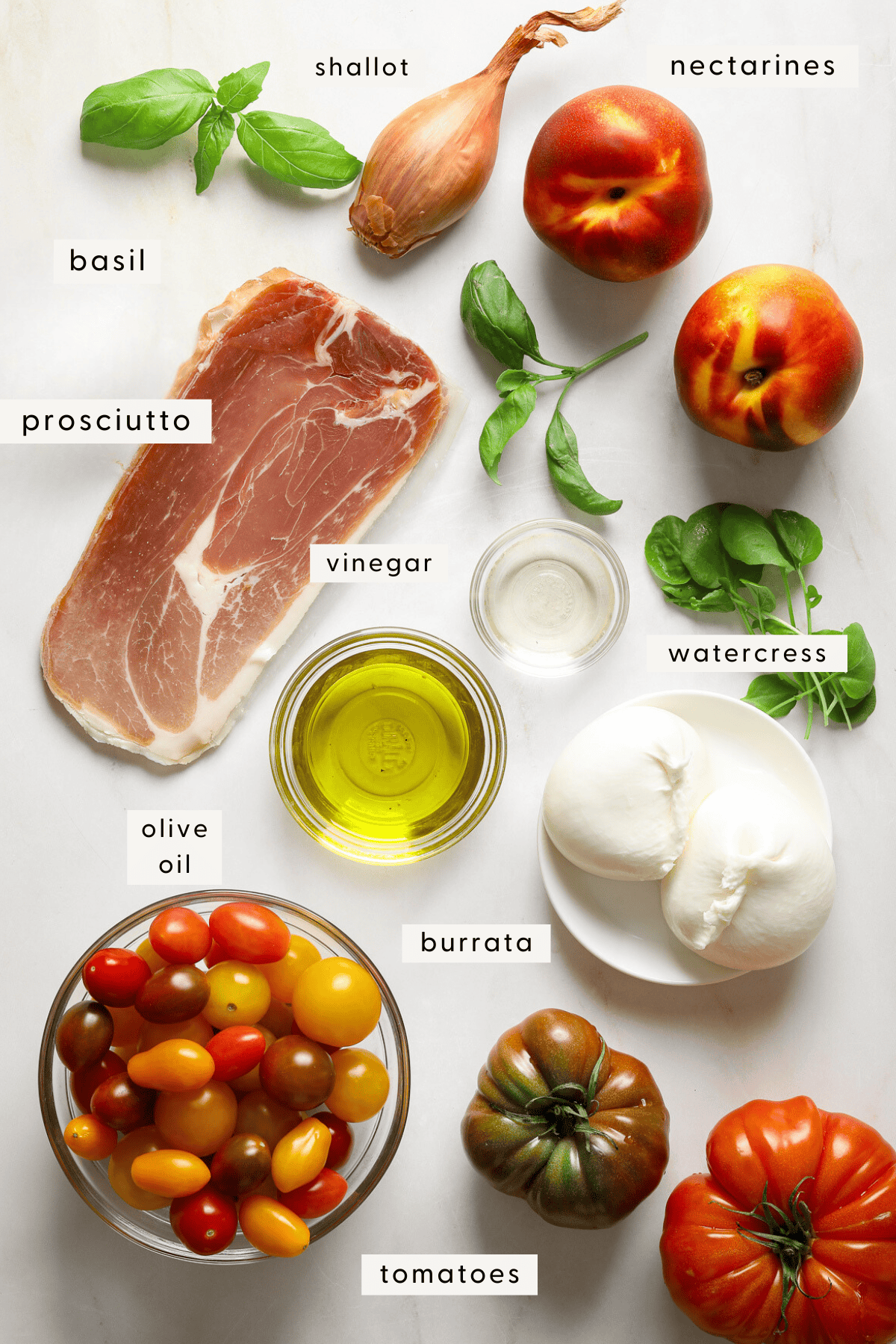 Recipe ingredients individually portioned and labeled; tomatoes in a bowl, prosciutto slices, fresh basil leaves.. etc.