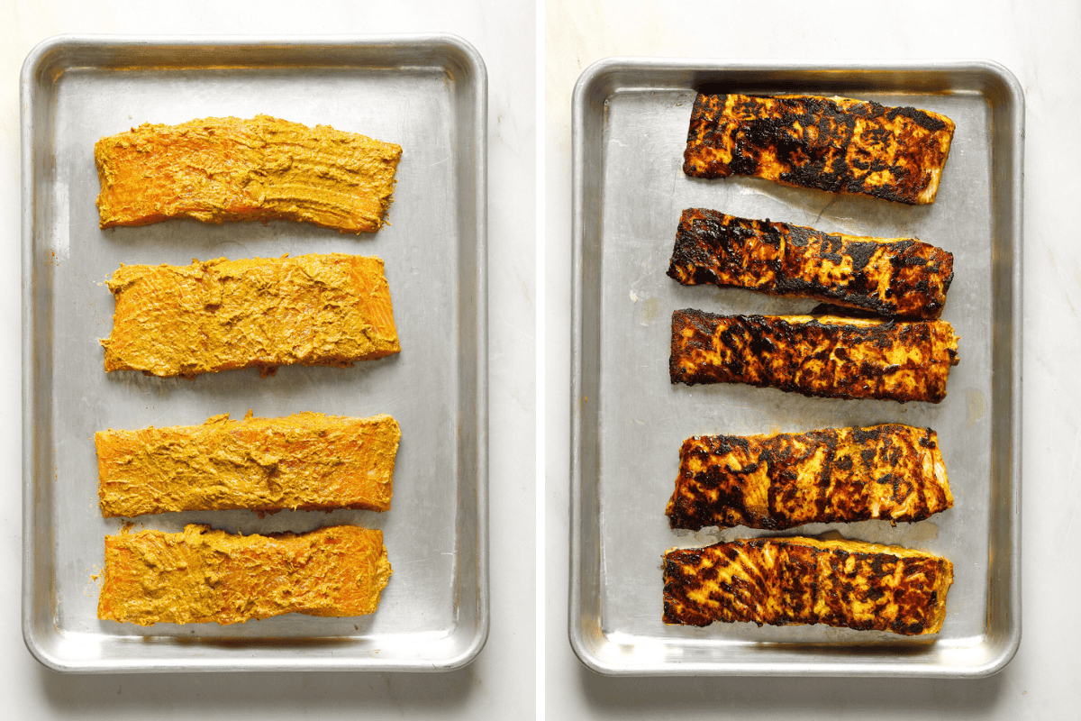 Left: raw, marinated salmon filets on a baking tray. Right: cooked, charred salmon filets on a baking tray.