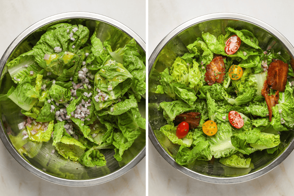 A side by side image of two stainless steel mixing bowls fill with salad ingredients.