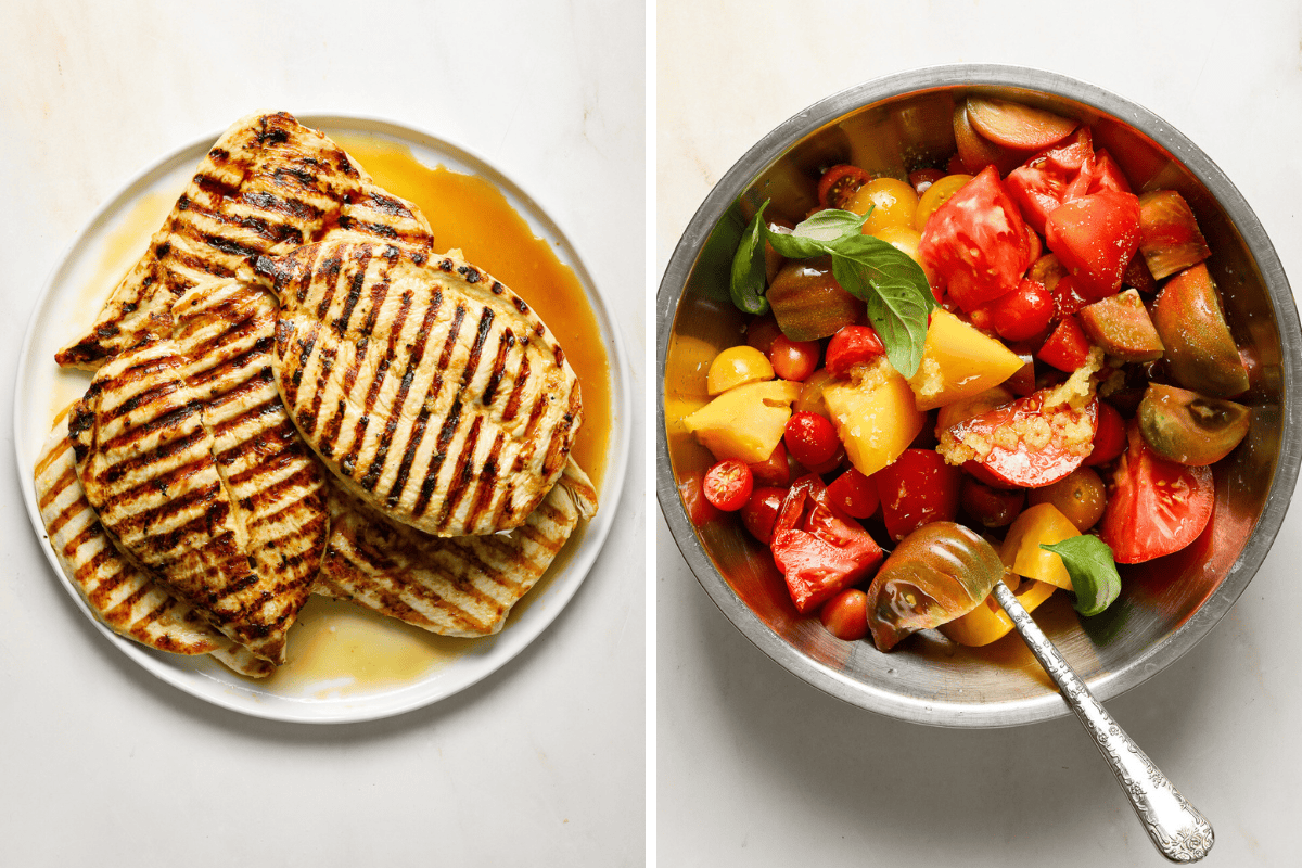 Left: a pile of grilled chicken breasts on a white plate. Right: a bowl of chopped tomatoes, basil and garlic.