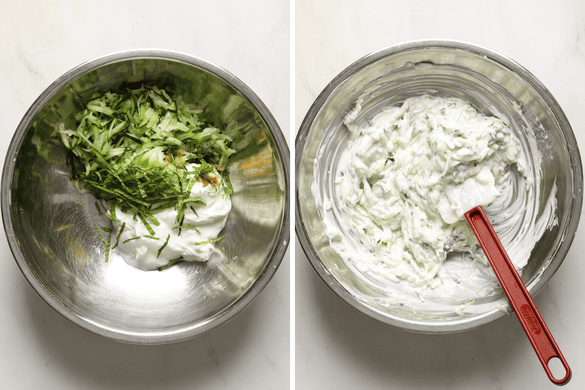 Left: a mixing bowl with grated cucumber, and yogurt. Right A mixing bowl filled with raita and a rubber spatula.