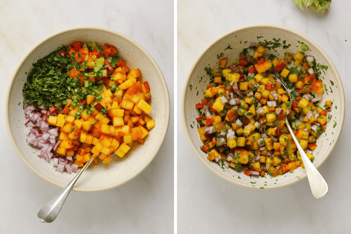 Left: diced peaches, jalapeño and red onion in a ceramic bowl. Right: peach salsa in a mixing bowl.