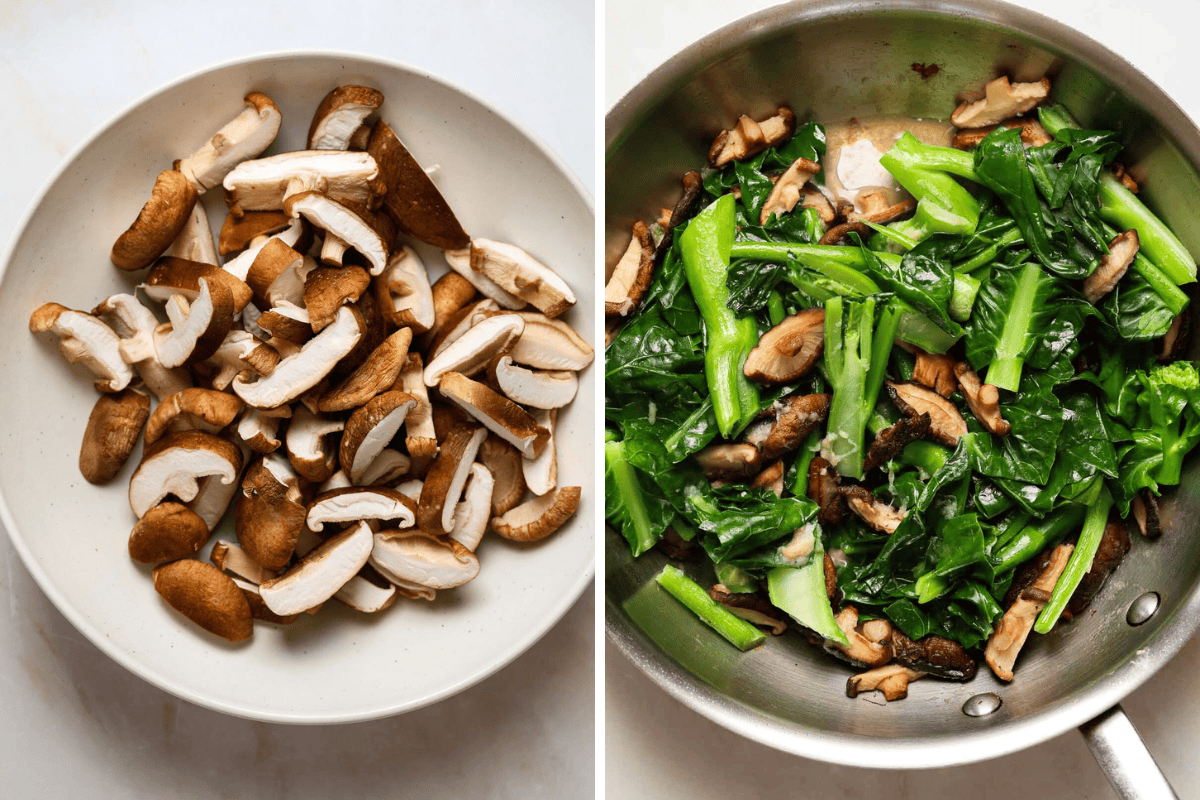 Left: a bowl of mushrooms sliced shiitake mushrooms. Right: sautéed mushrooms and broccoli in a pan.