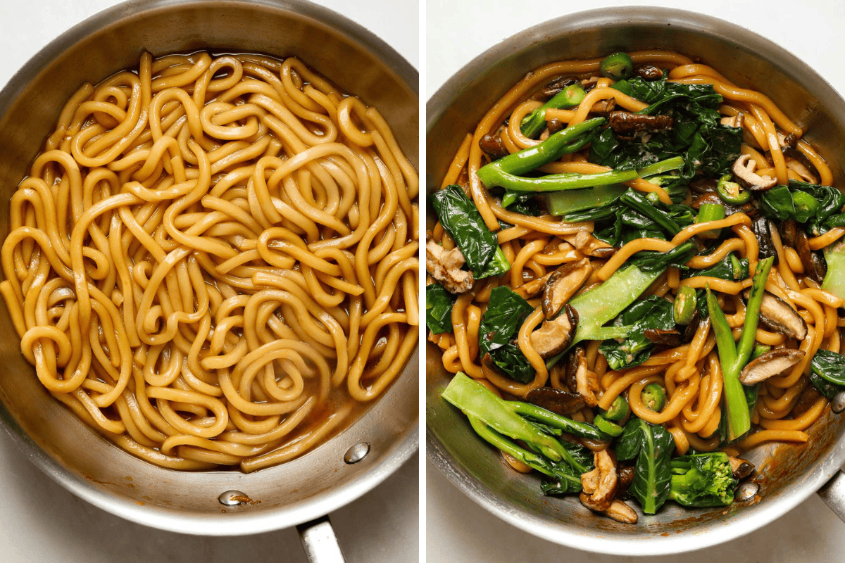 Left: a sauté pan with thick noodles and sauce. Right: a sauté pan with a vegetable stir fry.