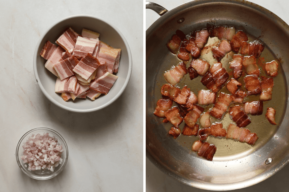 Left: Raw bacon pieces cut up in a bowl. Right: Bacon cooking in a sauté pan.