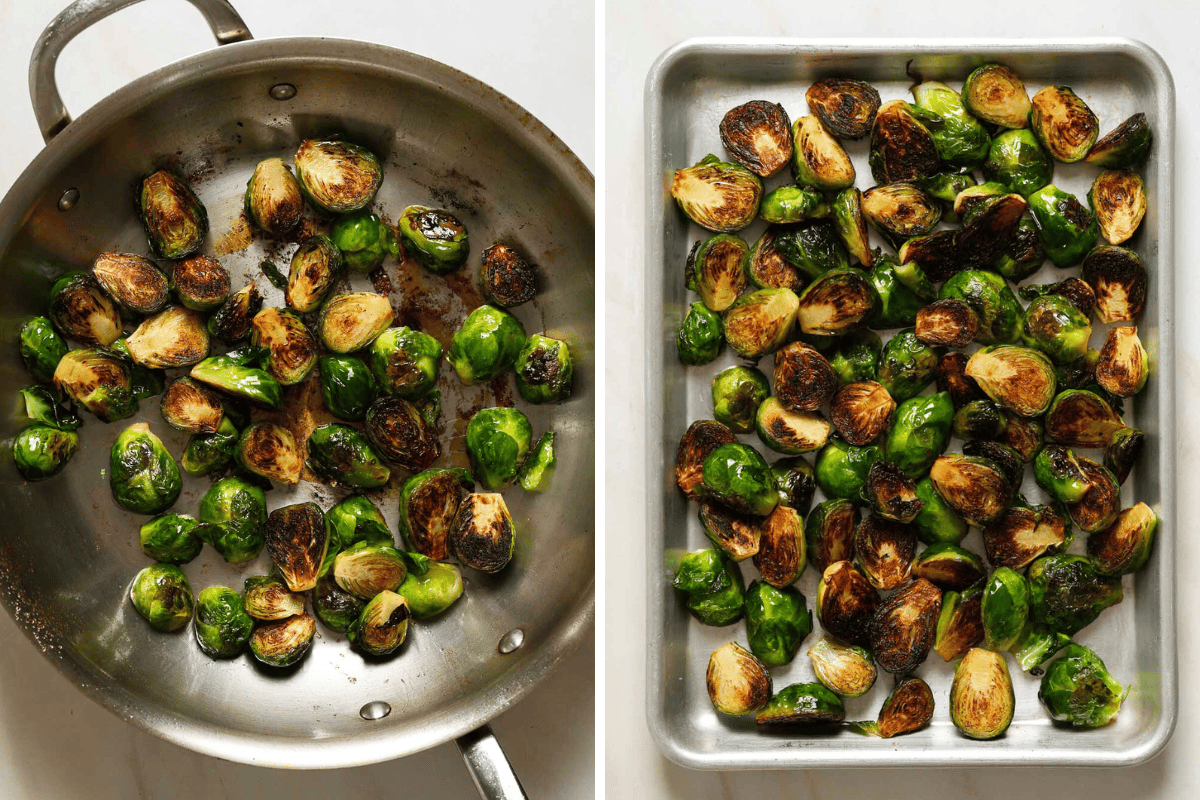 Left: halved brussels sprouts in a sauté pan. Right: Roasted brussels sprouts on a baking tray.