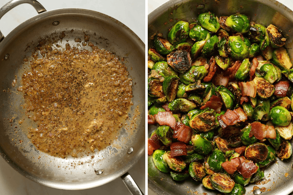 Left: a sauté pan filled with mustard pan sauce. Right: close up of roasted brussels sprouts and bacon.