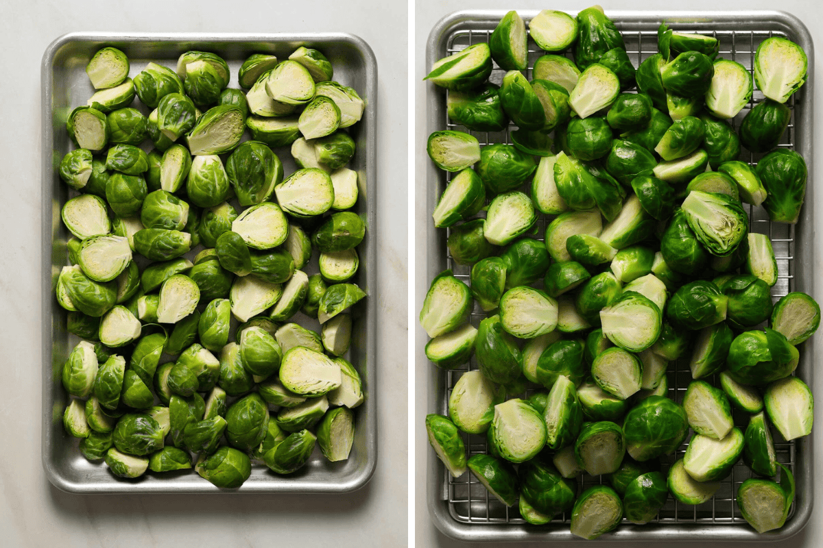 Left: raw, halved brussels sprouts. Right: blanched brussels sprouts.