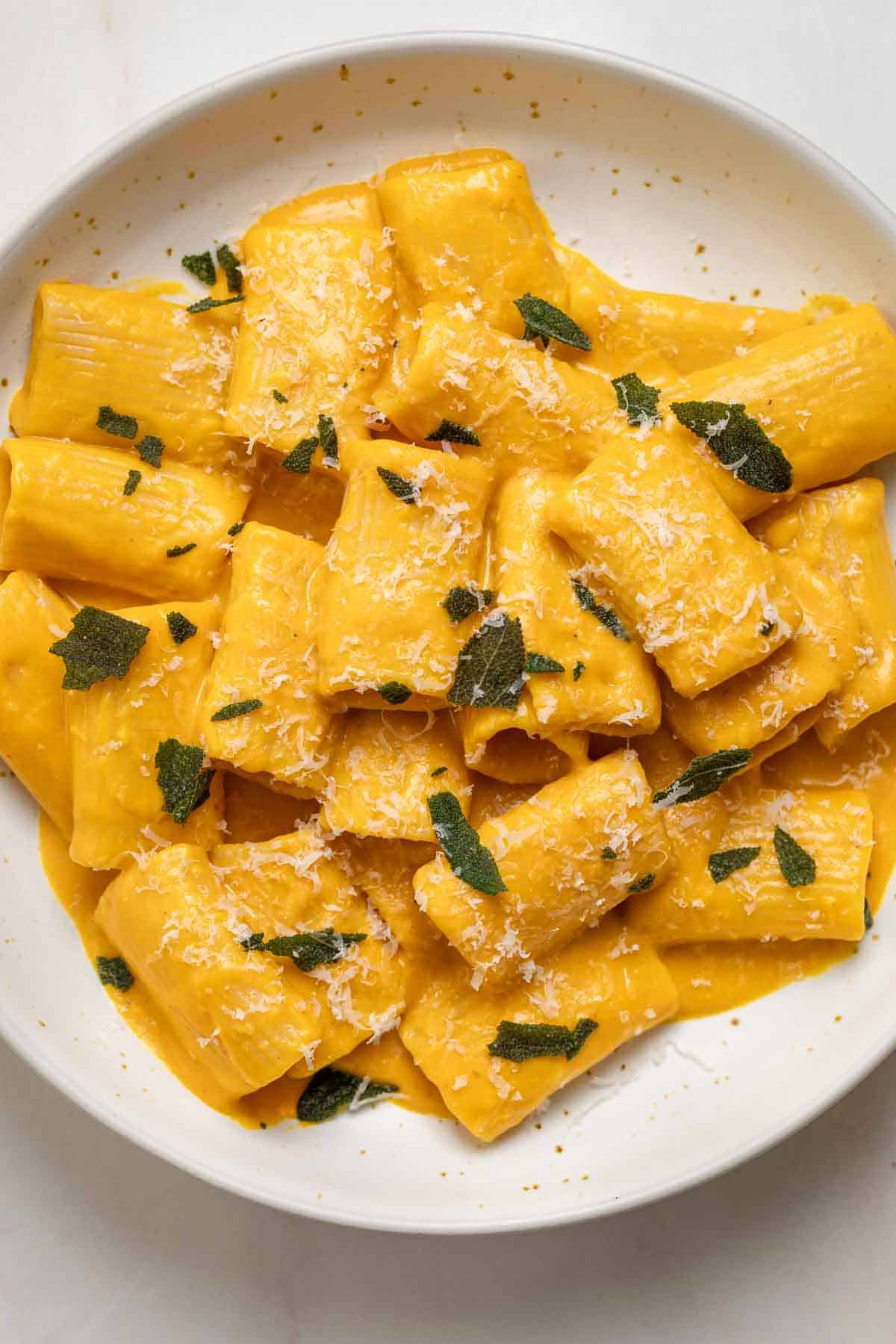 A close up of creamy pasta in a speckled ceramic bowl.