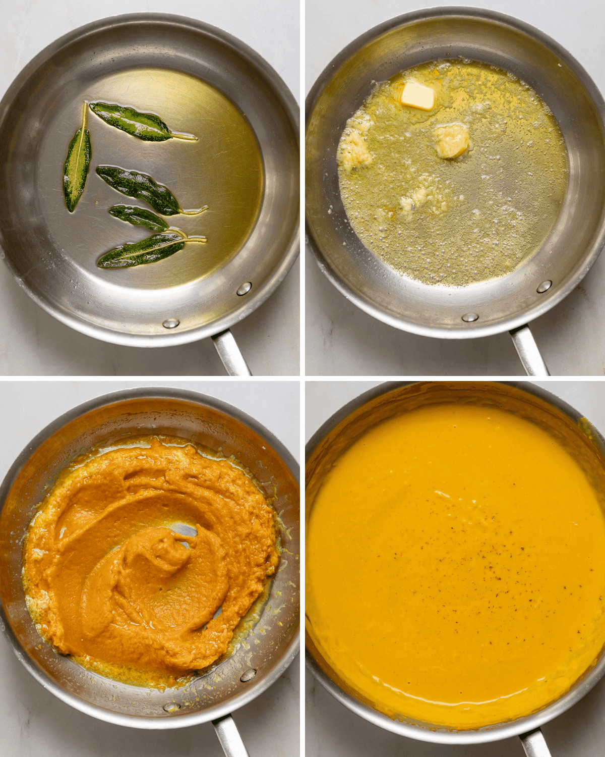 Four step by step images of a sauté pan; 1. frying sage, 2. sautéing butter and garlic, 3. cooking pureed pumpkin, 4. filled with a pumpkin alfredo sauce.