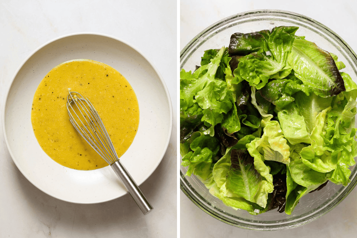 Left: a bowl of vinaigrette with a small whisk. Right: salad tossed with dressing in a bowl.