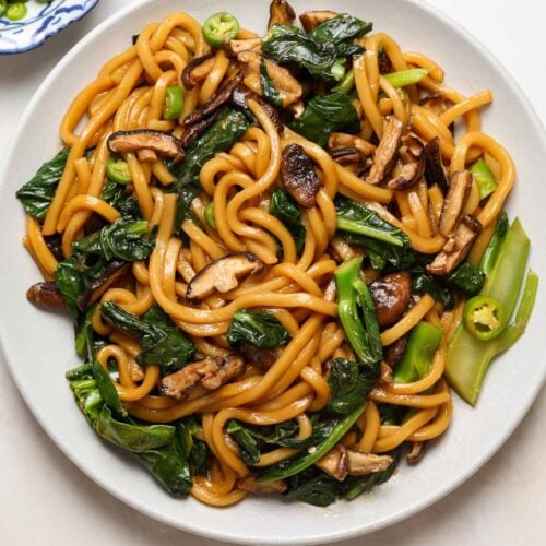 A white plate filled with thick udon noodles.