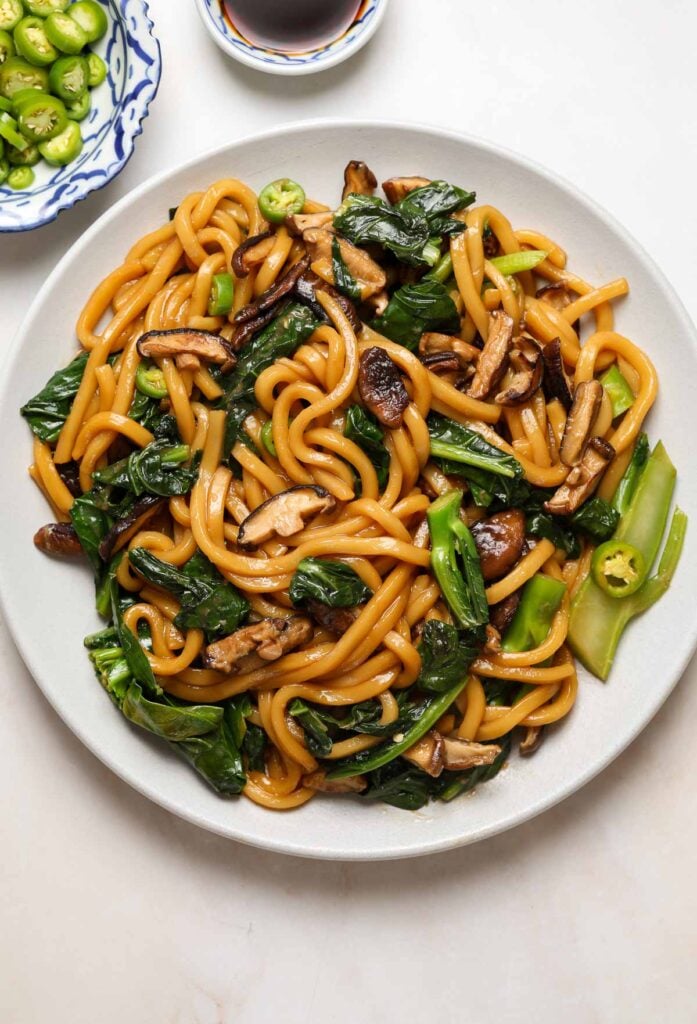 A white plate filled with thick udon noodles.