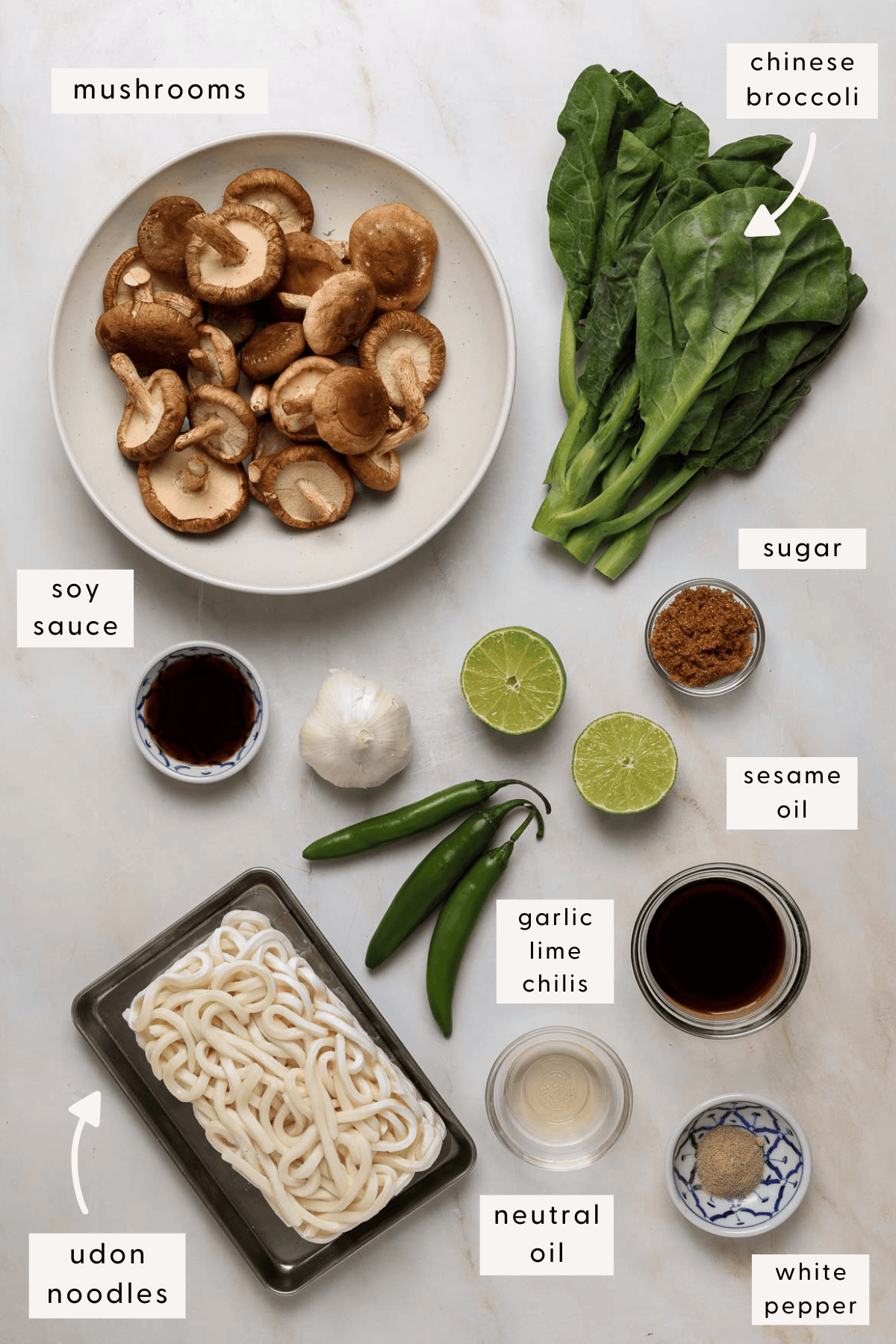 Recipe ingredients individually portioned on a marble tabletop.