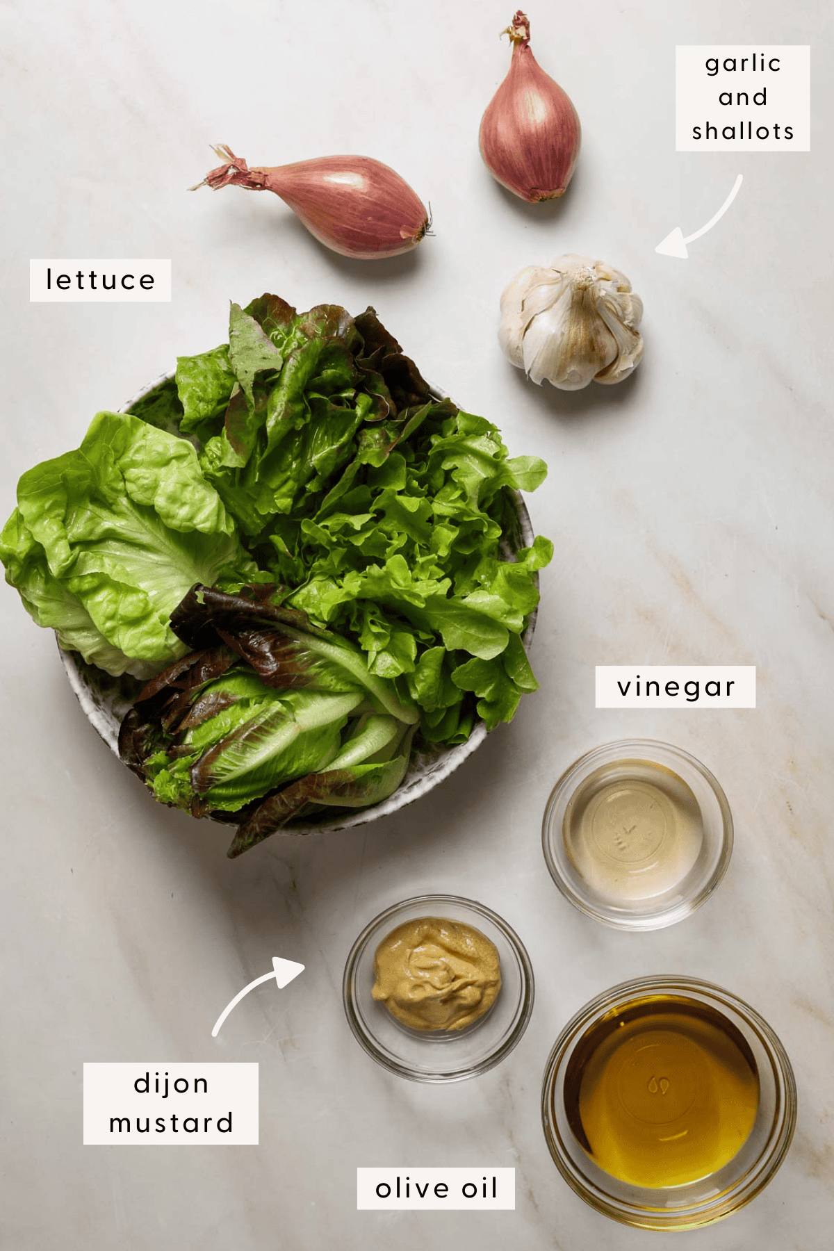 Heads of lettuce in a bowl, two shallots, a bulb of garlic, small dishes of mustard, olive oil and vinegar.