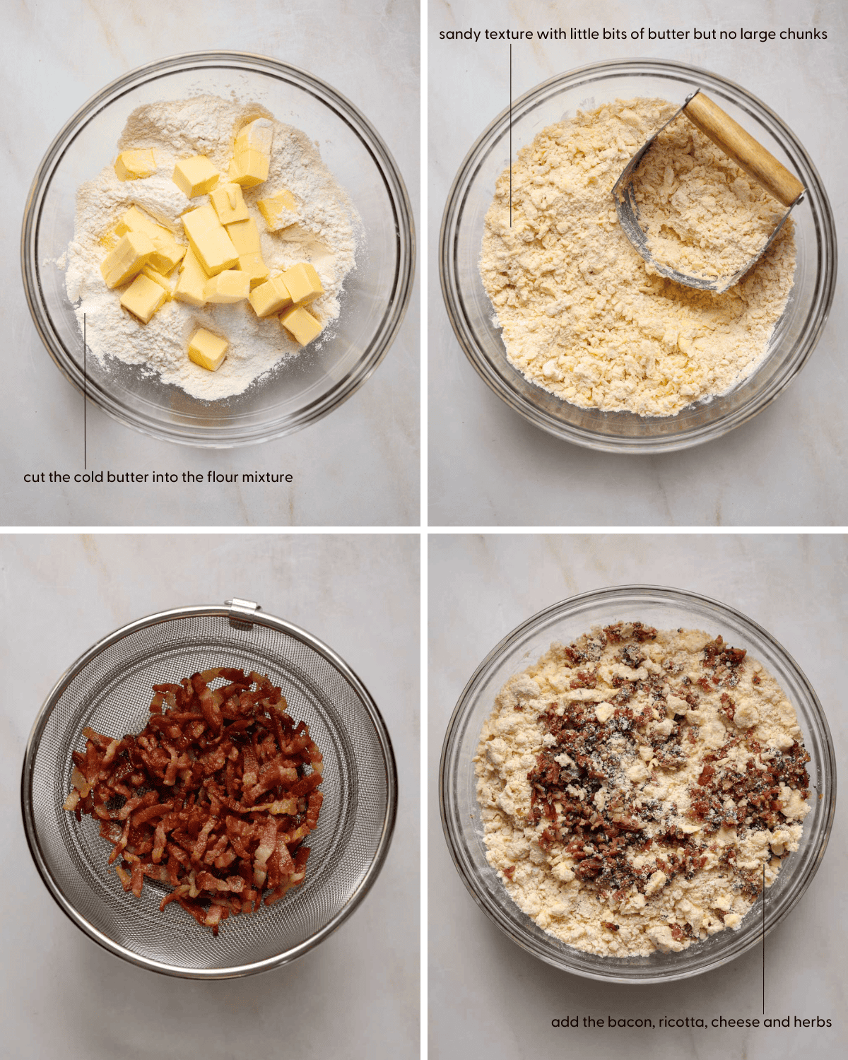 Four, progressive step by step photos showing savory scone dough being made in a large glass mixing bowl.