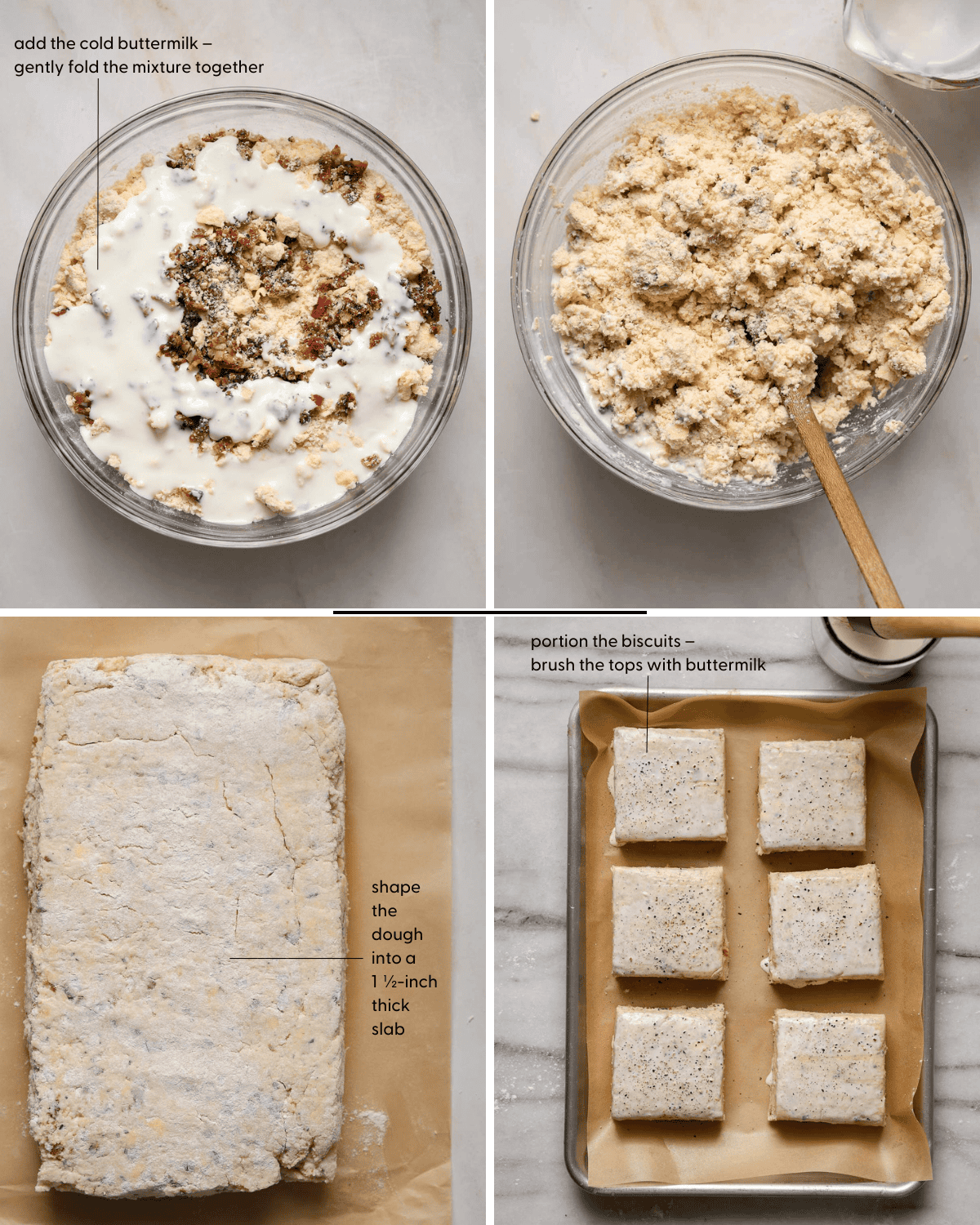 Four, progressive step by step photos showing savory scone dough being formed into biscuits and baked.