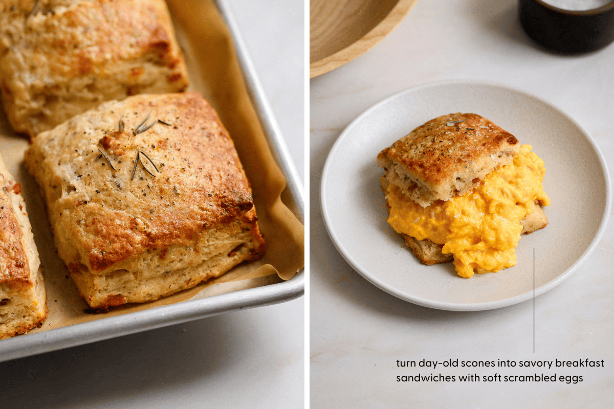 Left: close up image of a square, biscuit on a baking tray. Right: a biscuit sandwich on a plate with scrambled eggs.