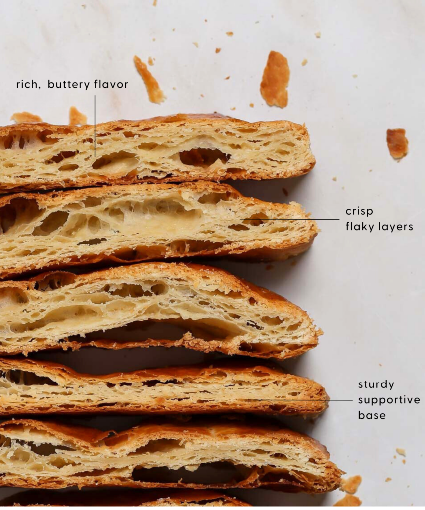 A close up cross-section of baked pie crust showing lots of individual flaky layers.