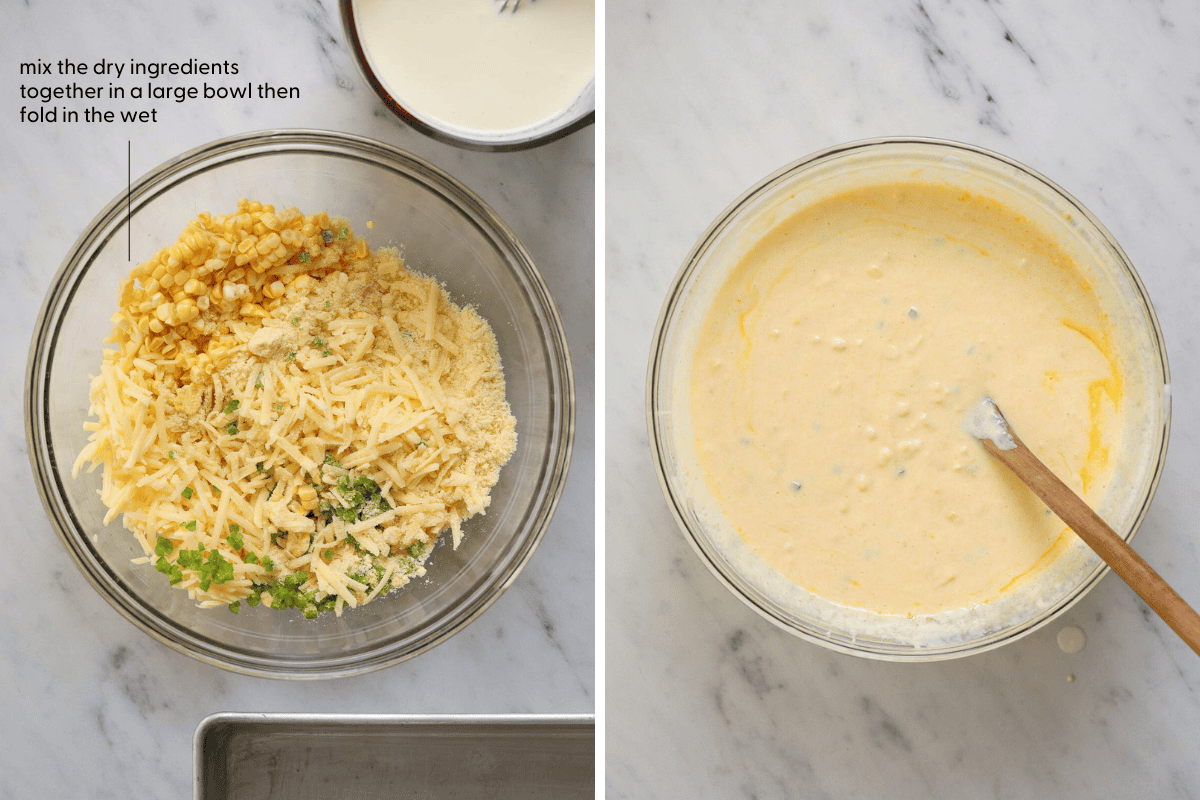 Left: a glass mixing bowl filled with dry ingredients for cornbread. Right: batter in a mixing bowl with a wooden spoon.