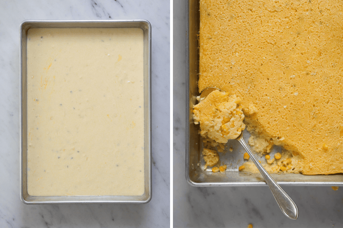 Left: a baking tray filled with batter. Right: cornbread baking in a tray with a spoon scooping out a portion.