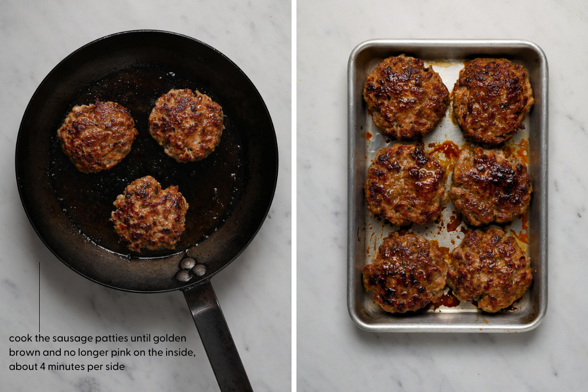 Left: a cast iron pan filled with three breakfast sausages. Right: a small baking tray with six, cooked sausage patties.