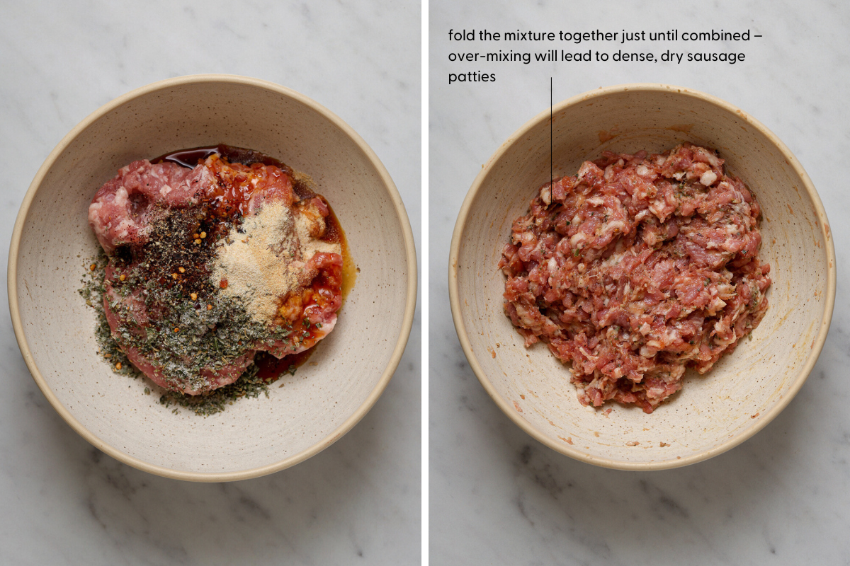 Left: a ceramic bowl with ground pork and spices. Right: a ceramic bowl with sausage farce.