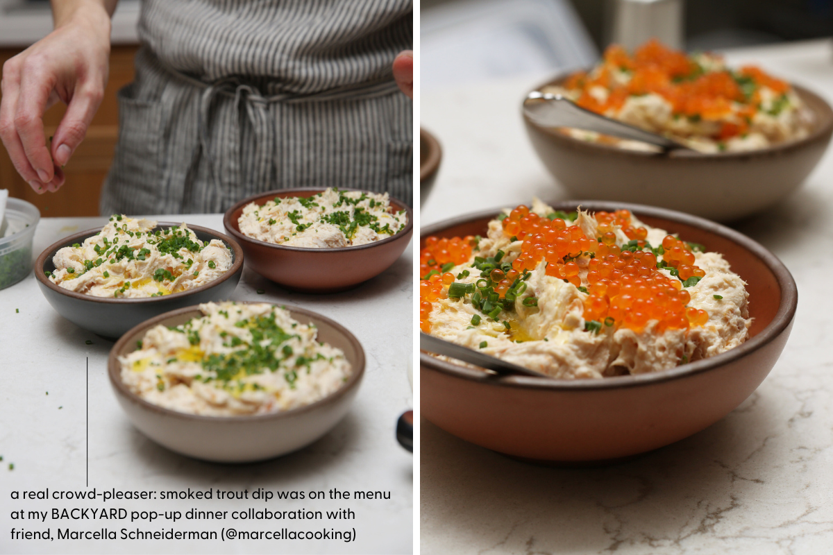 Left: small, individual servings of dip topped with chives. Right: a bowl of smoked fish dip topped with fish roe.